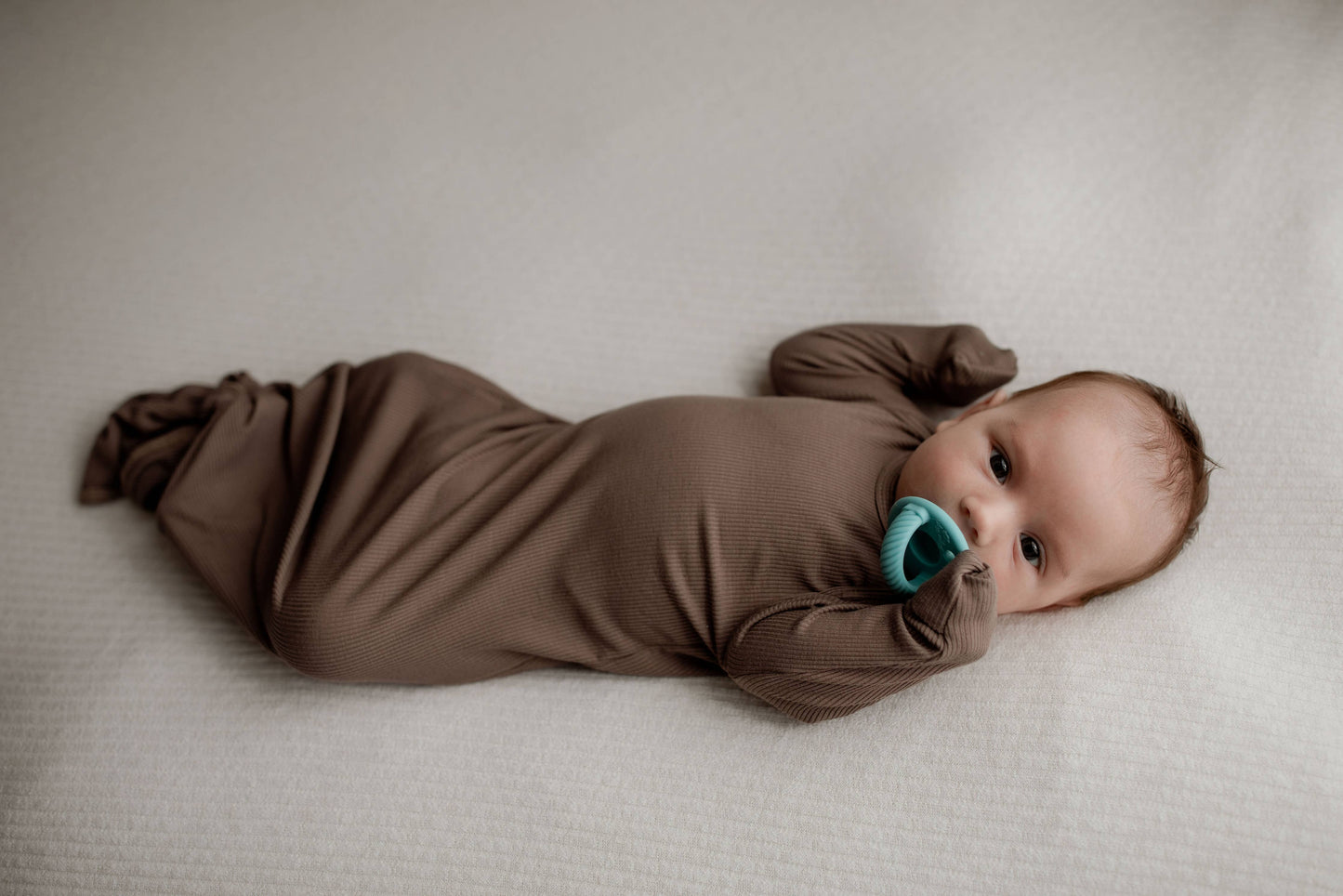 Three Little Tots - Cocoa Brown Ribbed Knotted Newborn Baby Gown sleepwear