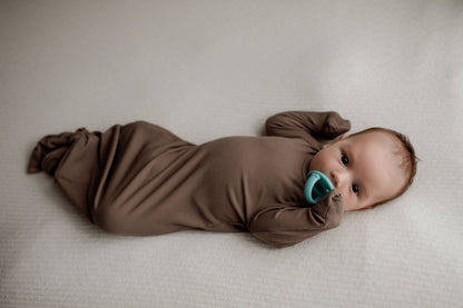 Three Little Tots - Cocoa Brown Ribbed Knotted Newborn Baby Gown sleepwear