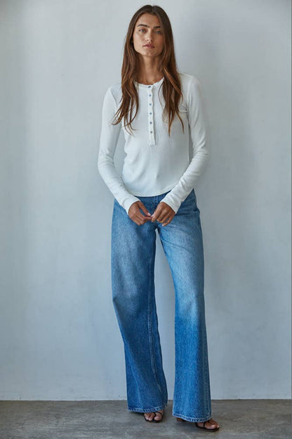 By Together - Knit Ribbed Crew Neck Long Sleeve Half Button Up Top