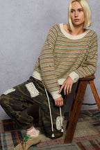 Pol Clothing - Round neck stripe pattern rib band mohair sweater top