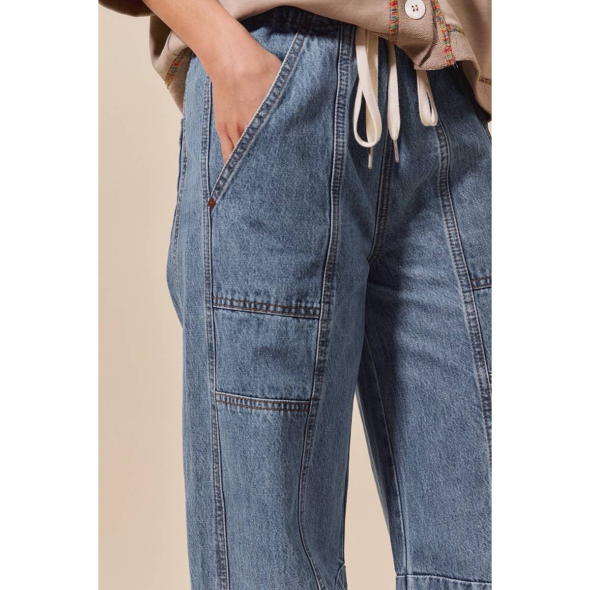 Callie Mid Rise Drawstring Barrel Denim Pants