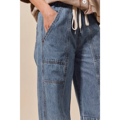 Callie Mid Rise Drawstring Barrel Denim Pants