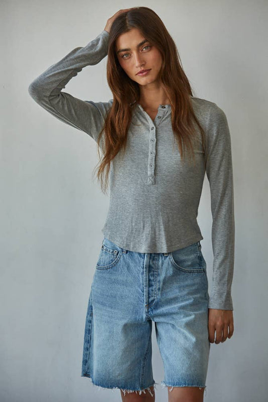 By Together - Knit Ribbed Crew Neck Long Sleeve Half Button Up Top