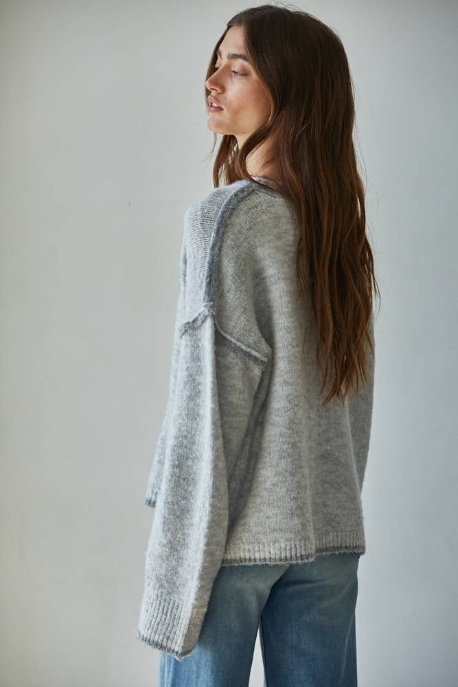 By Together - Knit Sweater Crew Neck Pullover Top With Rolled Edge