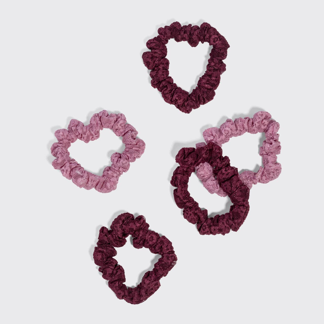 KITSCH - Ruched Lace Scrunchies 5pc Set - Cherry Lacquer & Dusty Pink