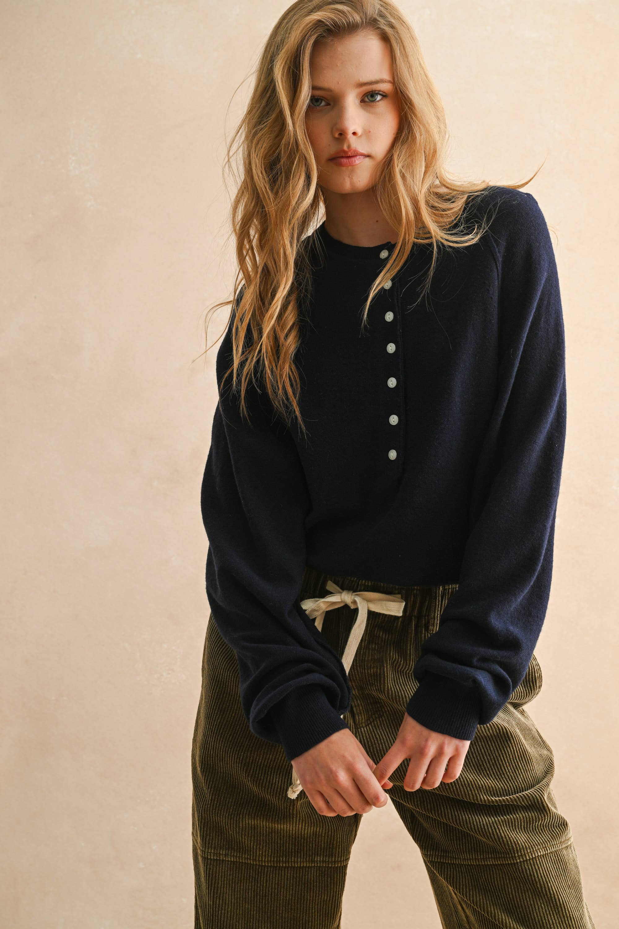 MIOU MUSE - HALF BUTTON FRONT LONG SLEEVE SWEATER TOP