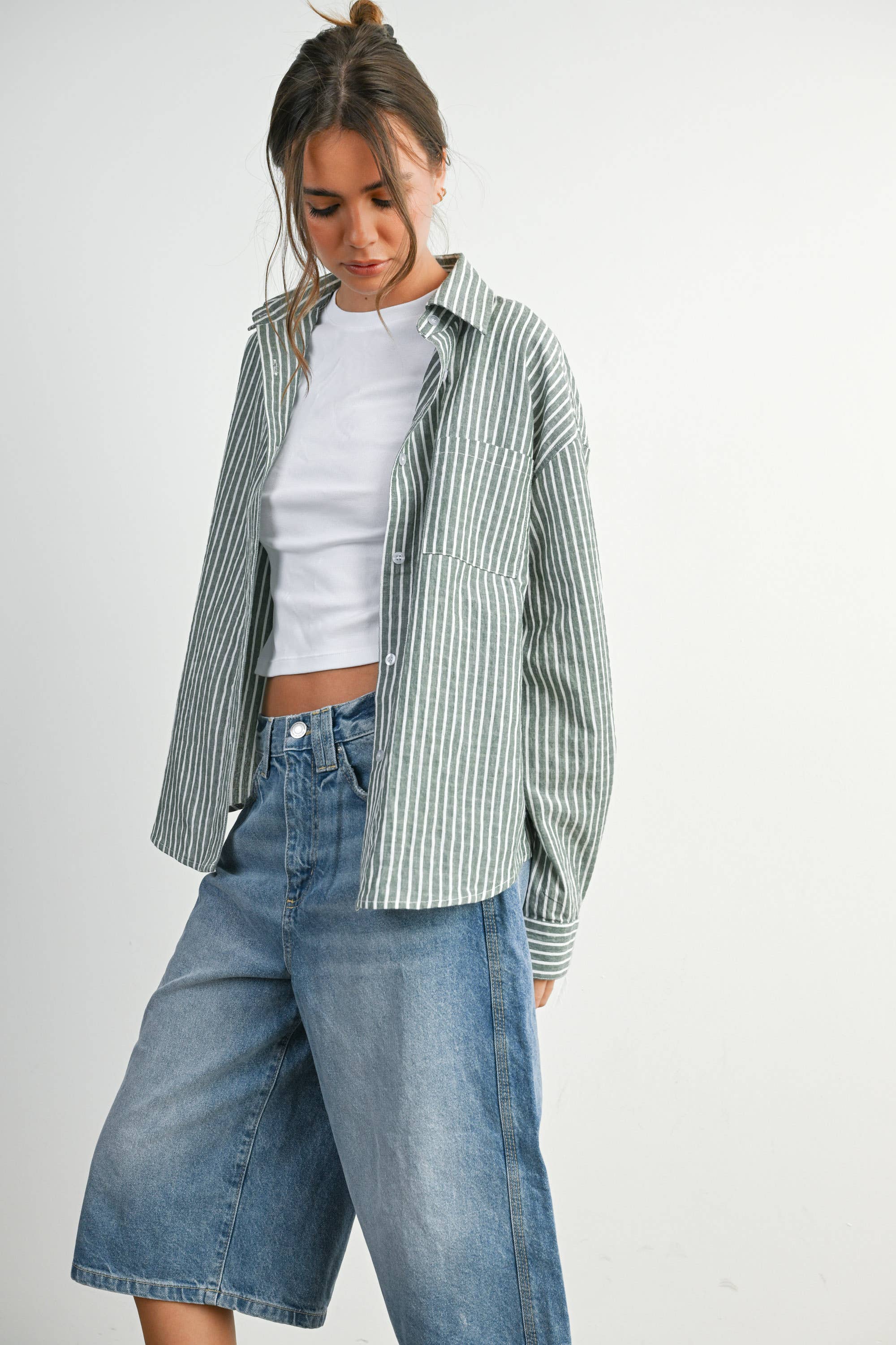 BUTTERMELON - Cropped Striped Button-Up Collared Long Sleeve Top - Multiple Colors