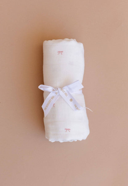 The Blueberry Hill - Muslin Swaddle Pink Bow Baby Shower Girl Organic Cotton Gift
