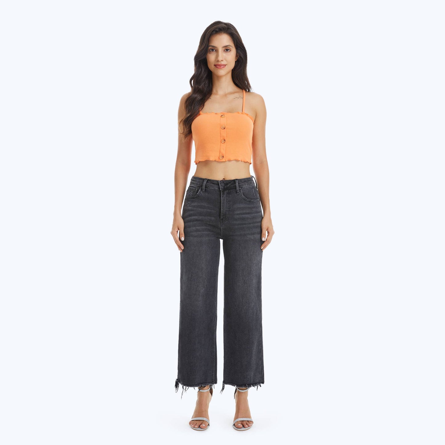 BAYEAS - HIGH RISE WIDE LEG JEANS WITH FRAYED HEM