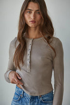 By Together - Knit Ribbed Crew Neck Long Sleeve Half Button Up Top