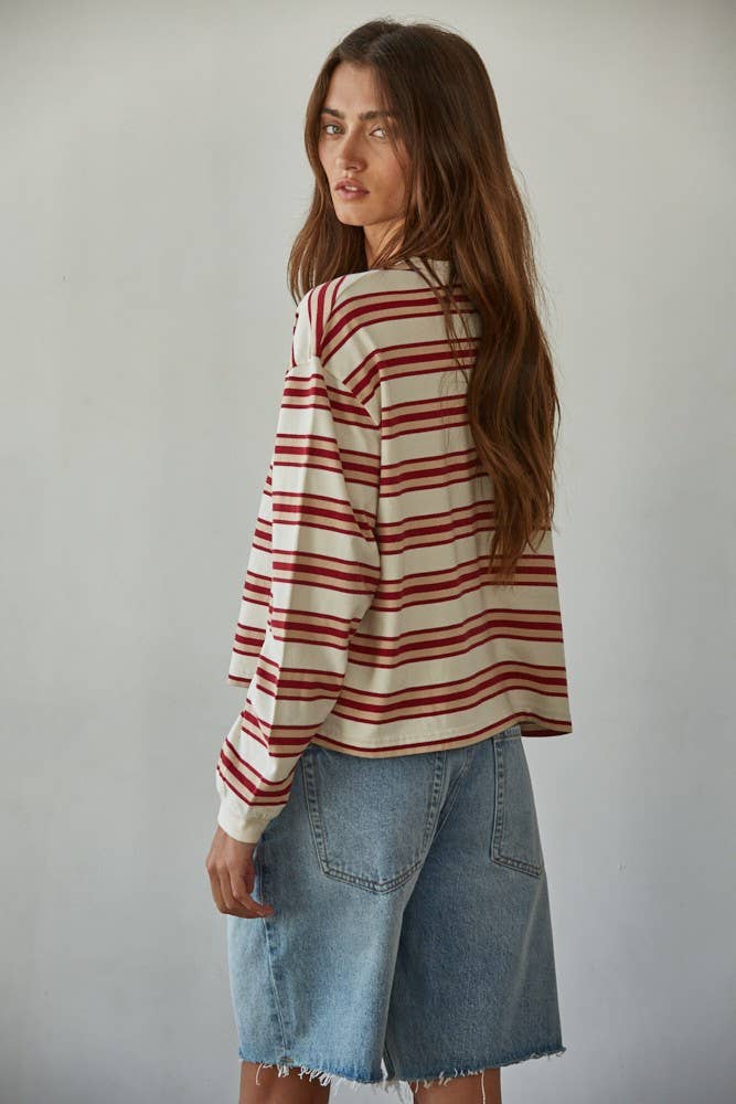 By Together - L8681 | Knit Cotton Multicolor Stripe Crew Neck Long Sleeve