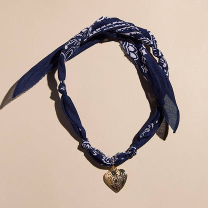 Nickel and Suede - Navy Bandana Necklace - Silver Heart Locket