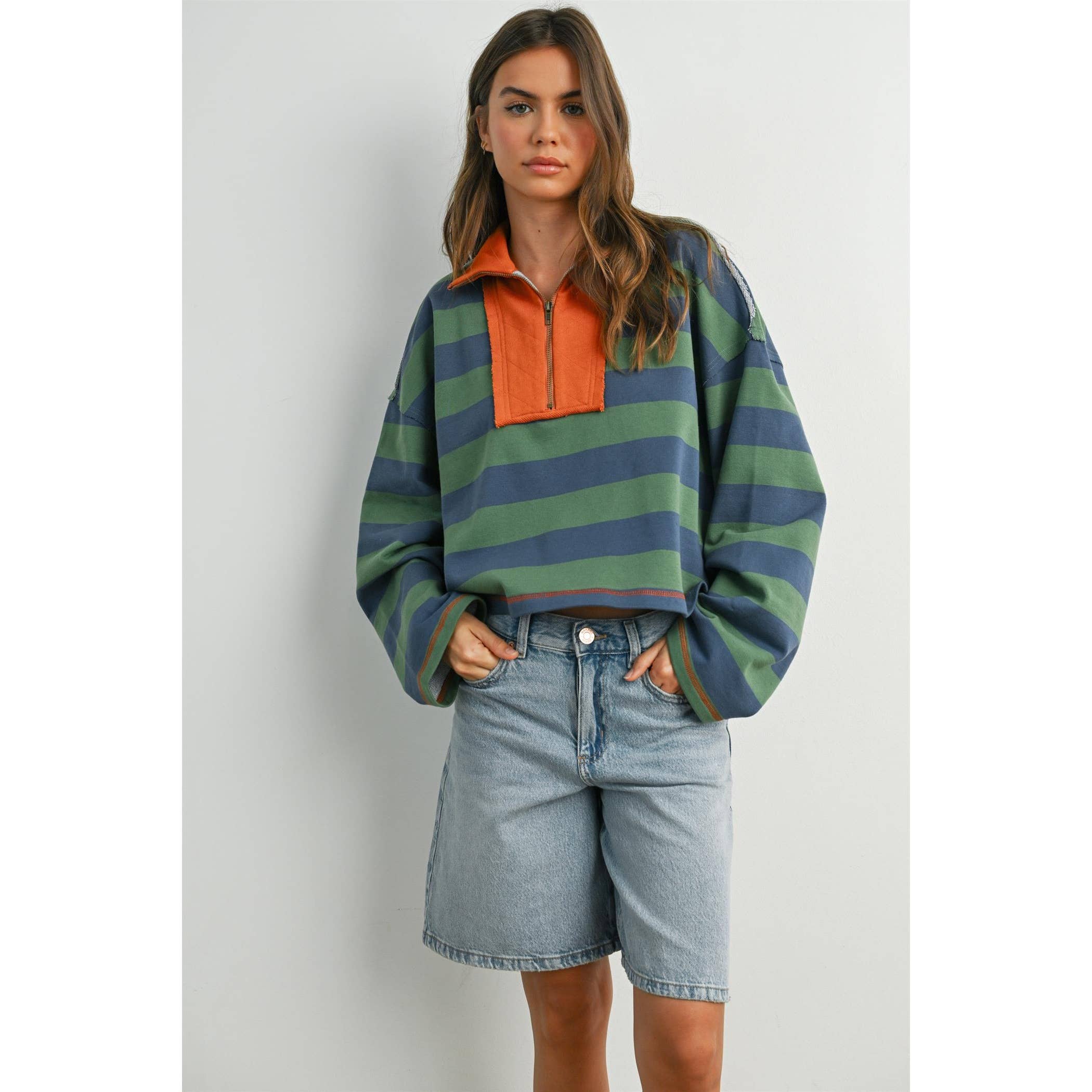 BUTTERMELON - Striped Quarter-Zip Contrast Sweatshirt