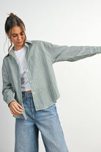 BUTTERMELON - Cropped Striped Button-Up Collared Long Sleeve Top - Multiple Colors
