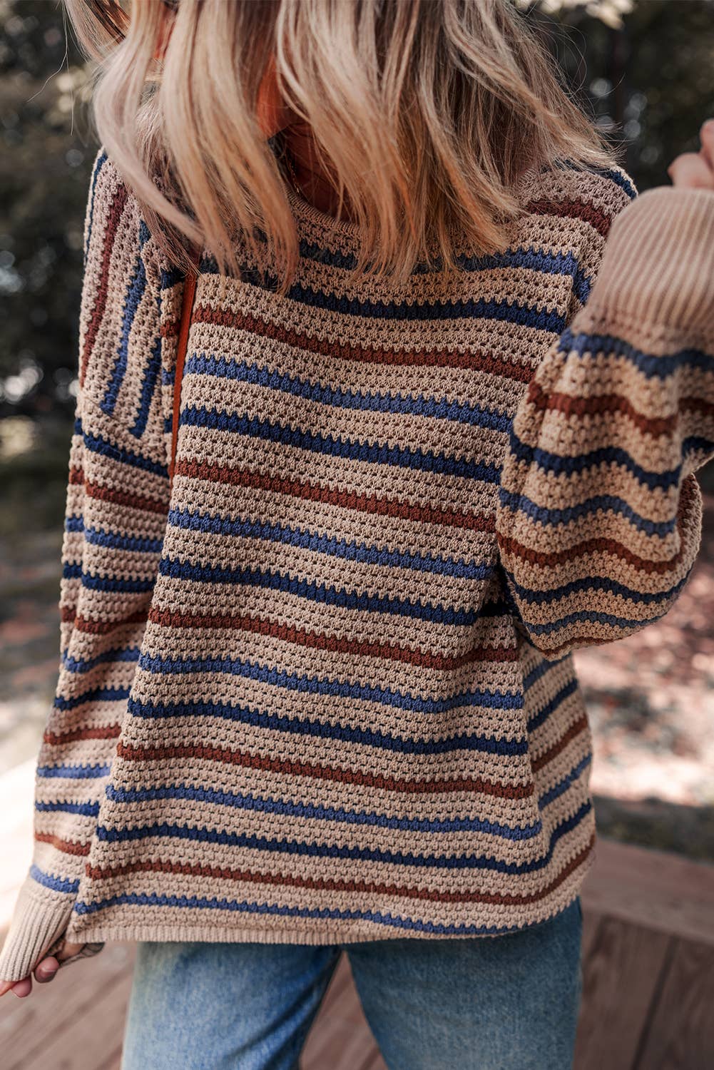 Striped Knitted Drop Shoulder Round Neck Sweater