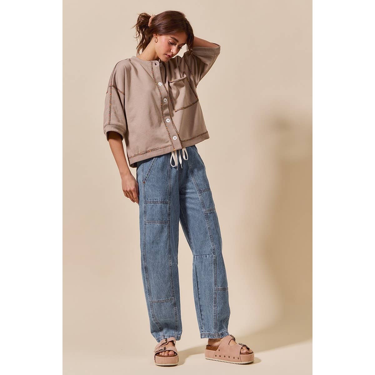 Callie Mid Rise Drawstring Barrel Denim Pants