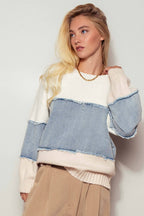 Urban Daizy - Colorblock Distressed Denim Patchwork Knit Sweater