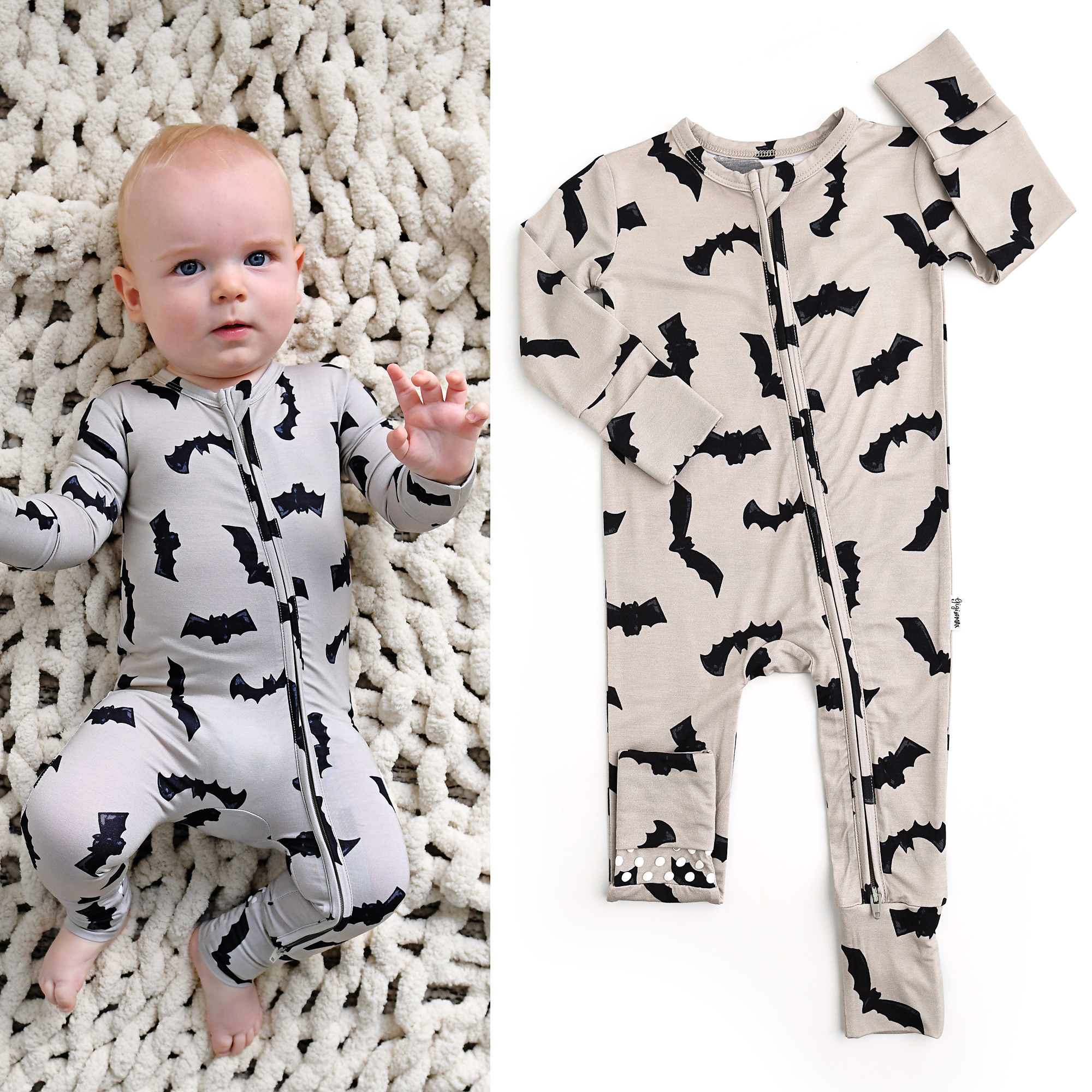 Gigi and Max - Vlad Gray Bats ZIP Bamboo Halloween One-Piece