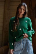 By Together - Knit Sweater Ribbed Flower Embroidery Pullover Top