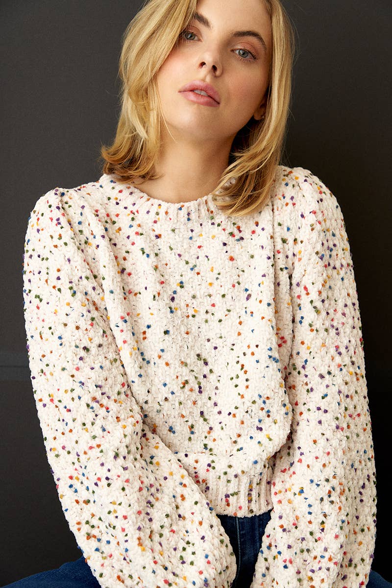 En Crème - Puffed Sleeve Cropped Confetti Sweater