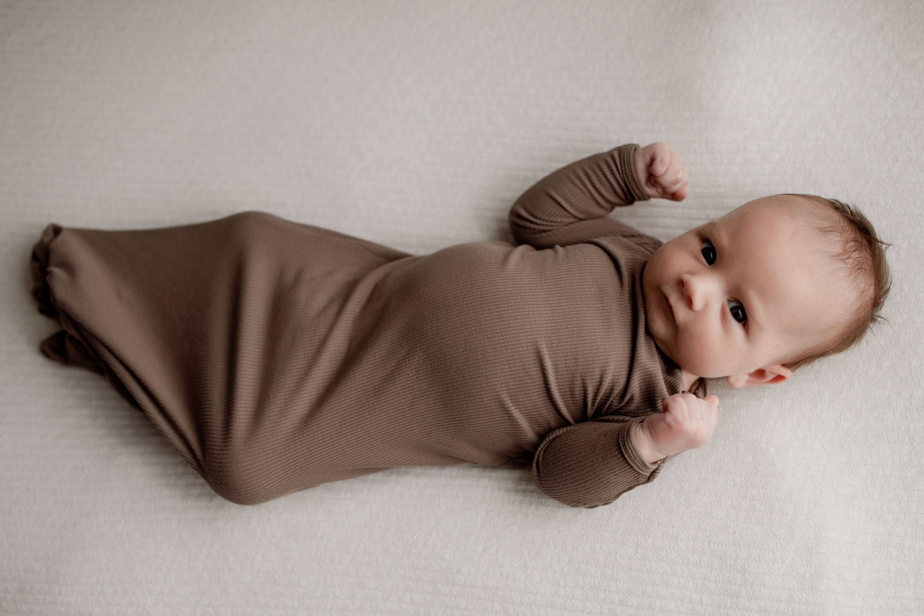 Three Little Tots - Cocoa Brown Ribbed Knotted Newborn Baby Gown sleepwear