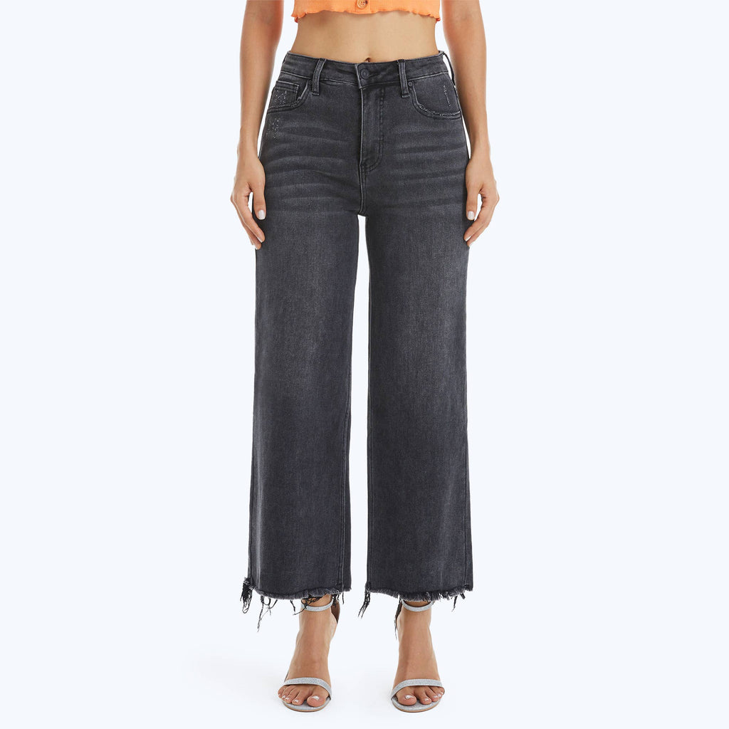BAYEAS - HIGH RISE WIDE LEG JEANS WITH FRAYED HEM