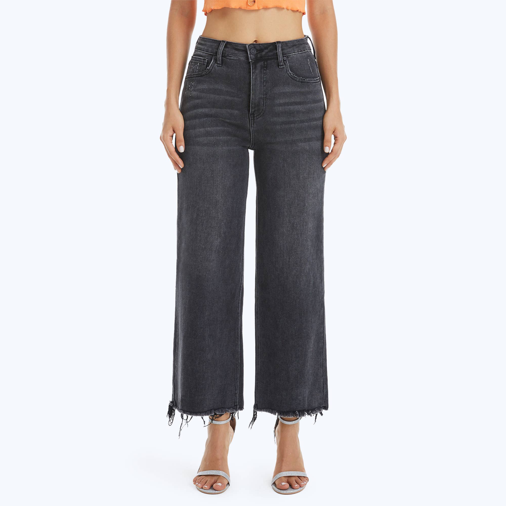 BAYEAS - HIGH RISE WIDE LEG JEANS WITH FRAYED HEM