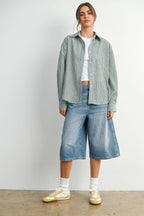 BUTTERMELON - Cropped Striped Button-Up Collared Long Sleeve Top - Multiple Colors