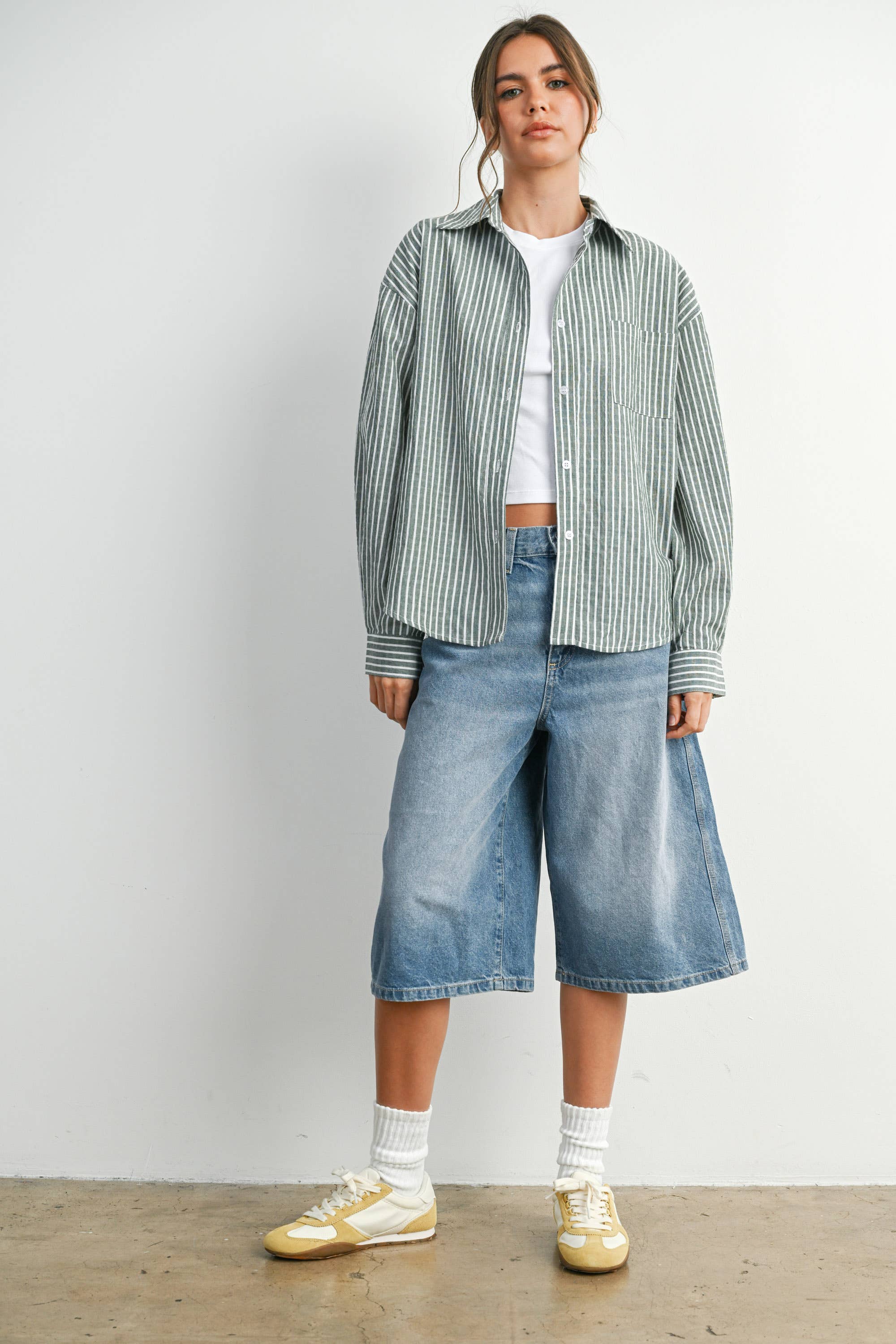 BUTTERMELON - Cropped Striped Button-Up Collared Long Sleeve Top - Multiple Colors