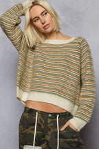 Pol Clothing - Round neck stripe pattern rib band mohair sweater top