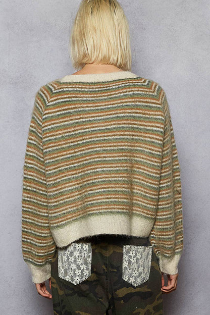 Pol Clothing - Round neck stripe pattern rib band mohair sweater top