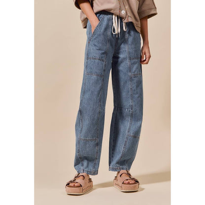 Callie Mid Rise Drawstring Barrel Denim Pants
