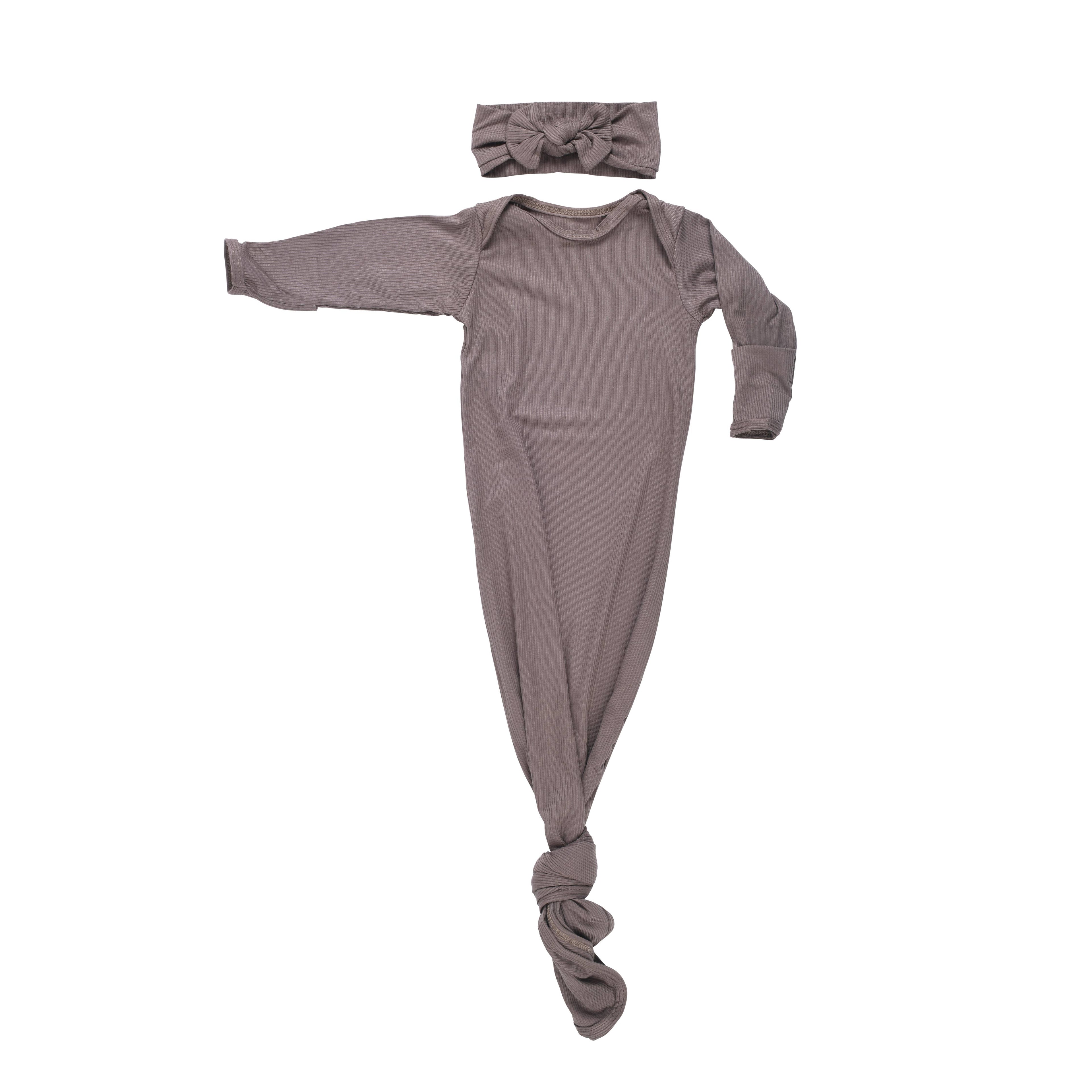 Three Little Tots - Cocoa Brown Ribbed Knotted Newborn Baby Gown sleepwear