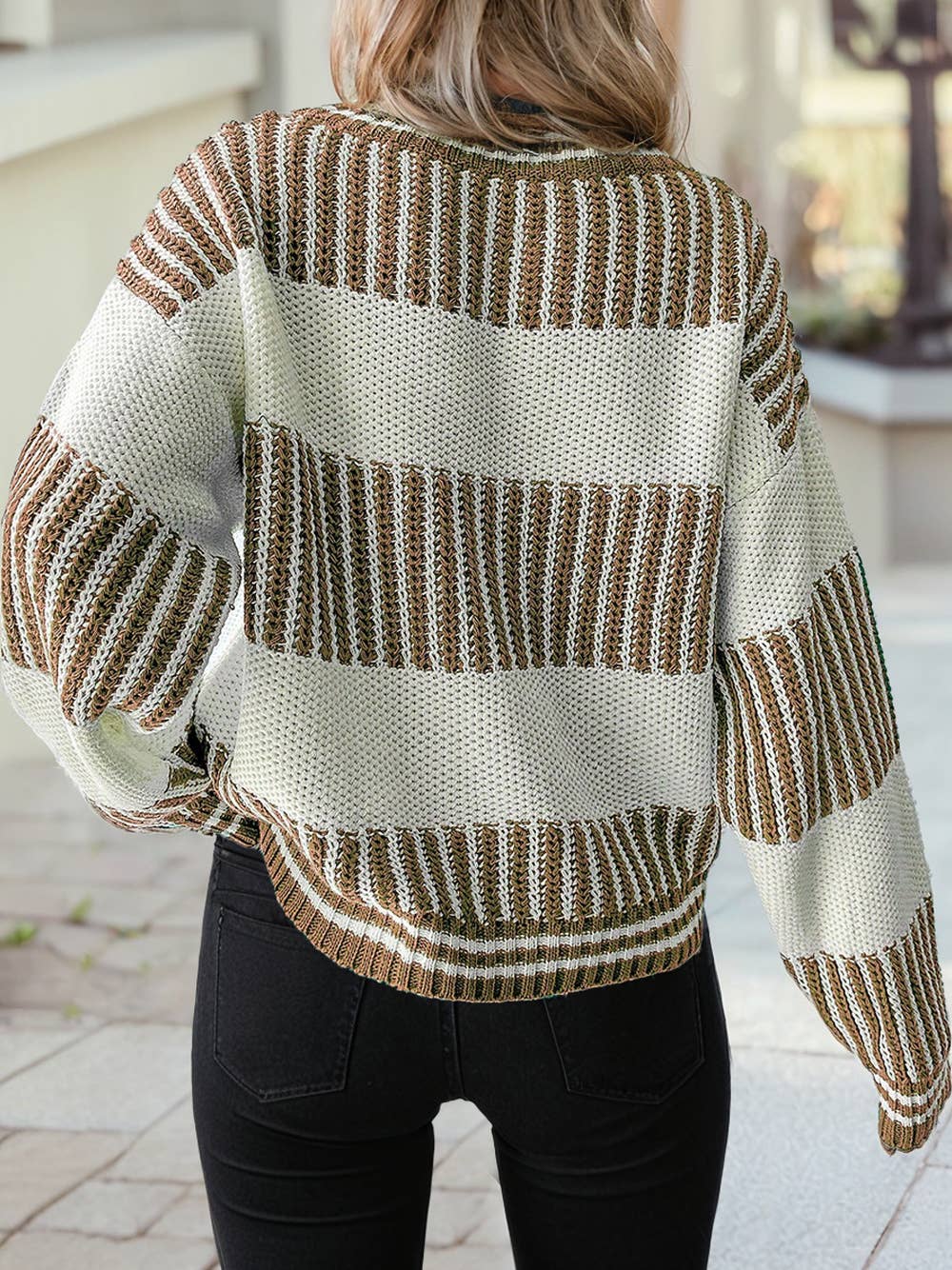 Two Tone Striped Patchwork Drop Shoulder Sweater