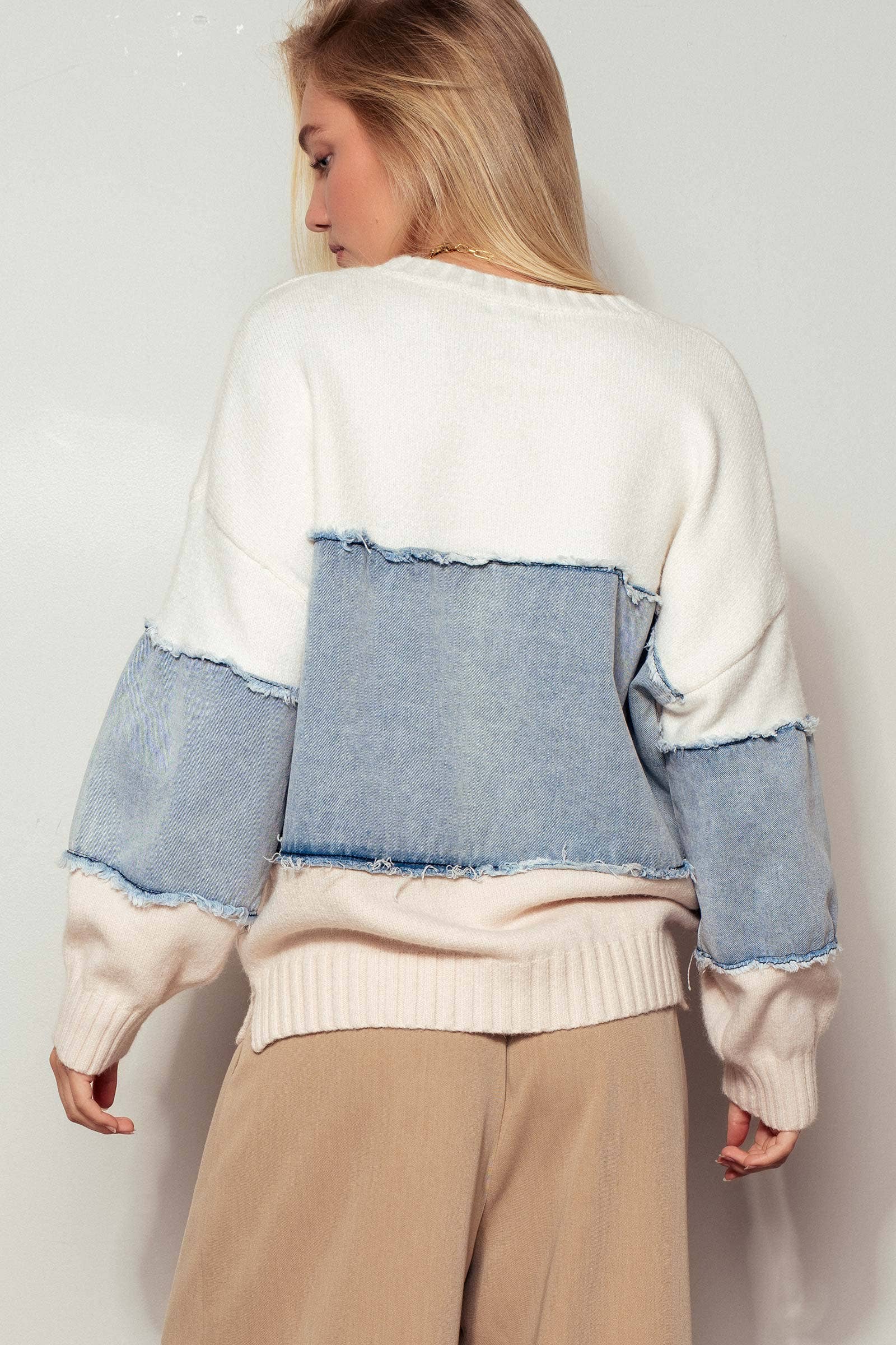 Urban Daizy - Colorblock Distressed Denim Patchwork Knit Sweater