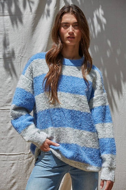 By Together - Knit Sweater Striped Crew Neck Textured Pullover