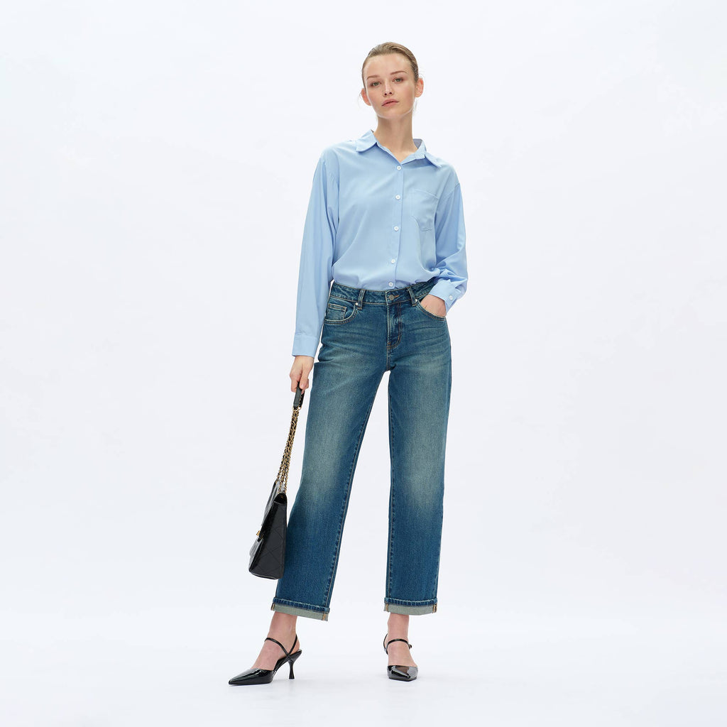 BAYEAS - MID RISE STRAIGHT JEANS WITH FINISHED HEM