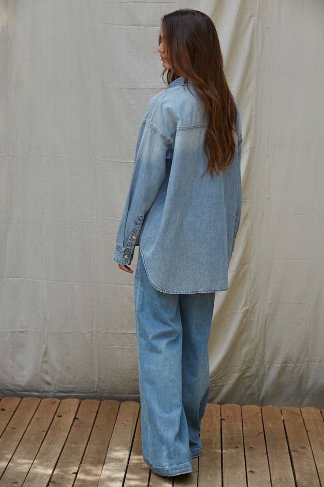 By Together - L9120 | Woven Cotton Denim Button-Down Long Sleeve Shirt