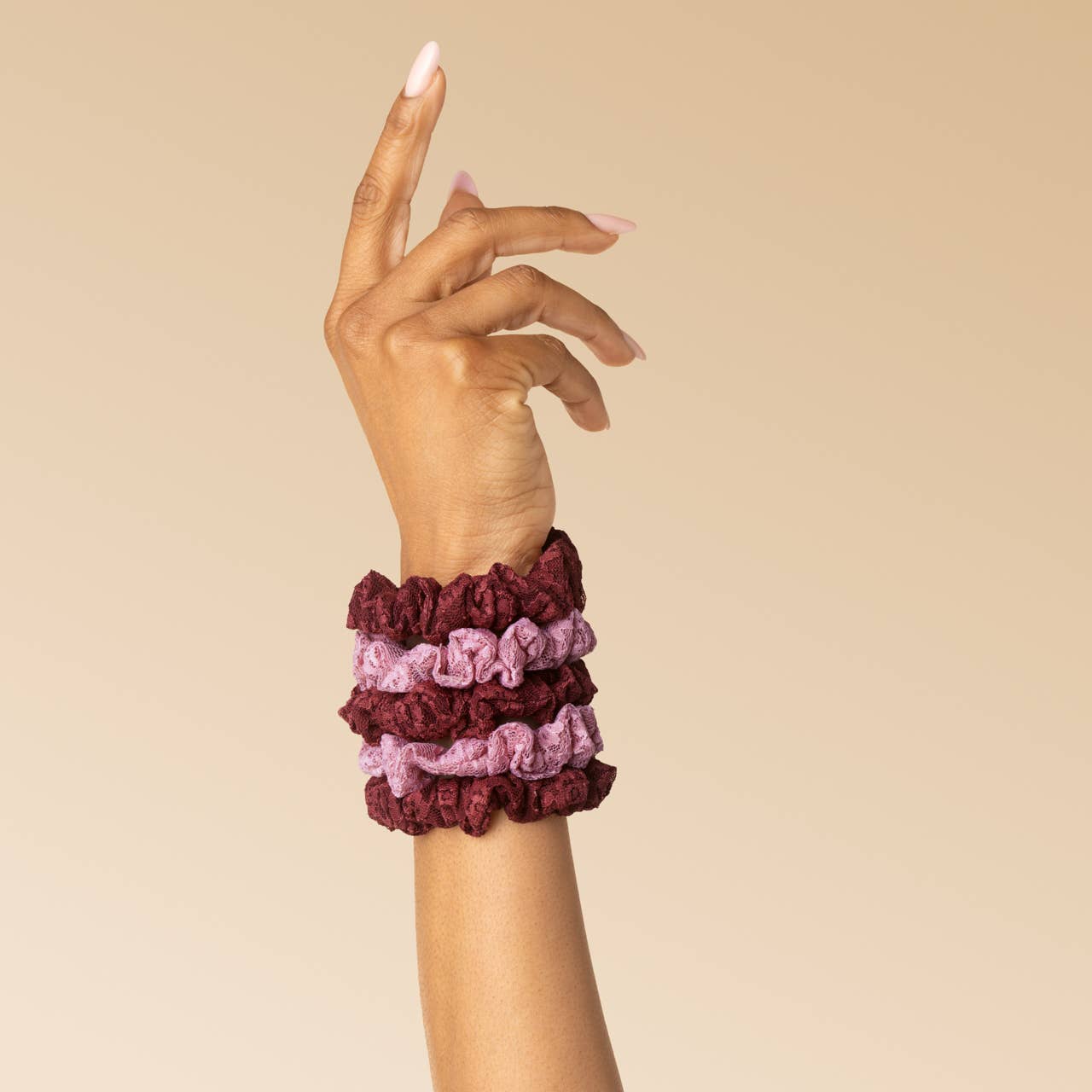KITSCH - Ruched Lace Scrunchies 5pc Set - Cherry Lacquer & Dusty Pink