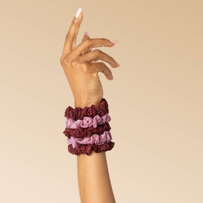 KITSCH - Ruched Lace Scrunchies 5pc Set - Cherry Lacquer & Dusty Pink