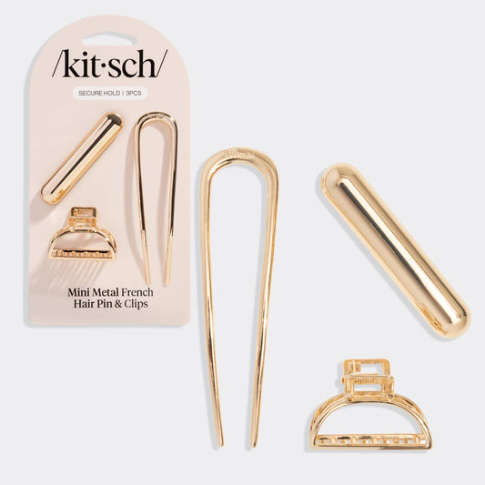 KITSCH - Mini Metal French Hair Pin & Clips 3pc Set - Gold