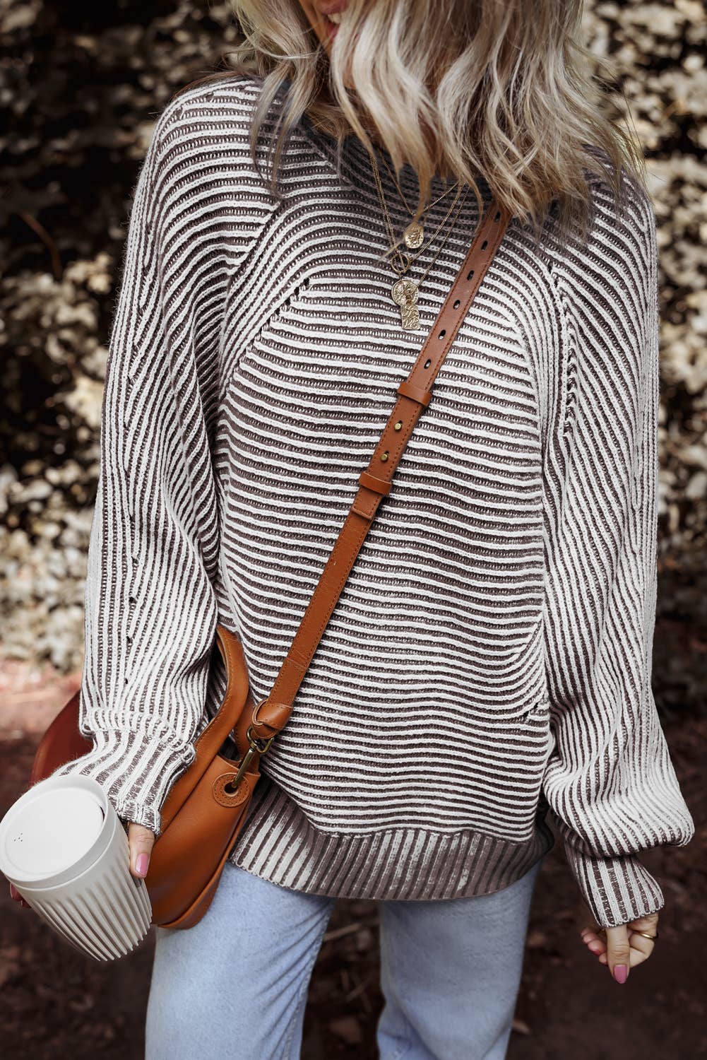 Striped Print Ribbed Knit Boat Neck Baggy Sweater